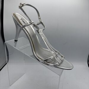 Fioni Night Size 11 Silver T Strap Open Toe stiletto Heels Formal wedding